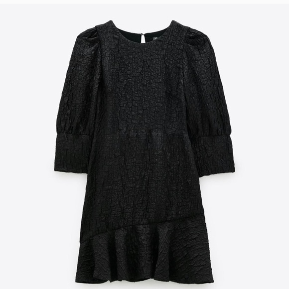Zara black textured puffed flutter sleeves dress L - Picture 3 of 5